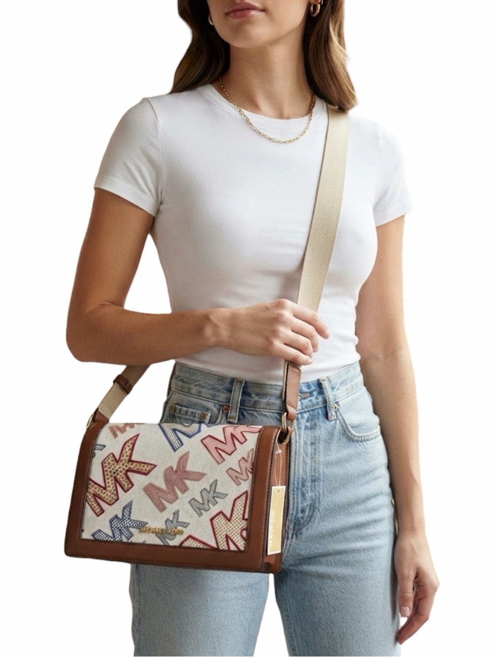 Michael Kors Jet Set Large Full Flap Crossbody Bag Optic White Multi Logo